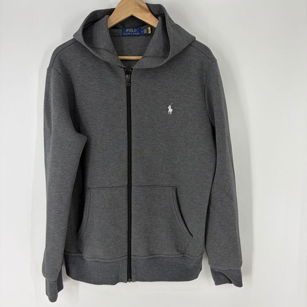 Polo Ralph Lauren Jacket Size Medium Men Gray Double Knit Full Zip Hoodie Preppy